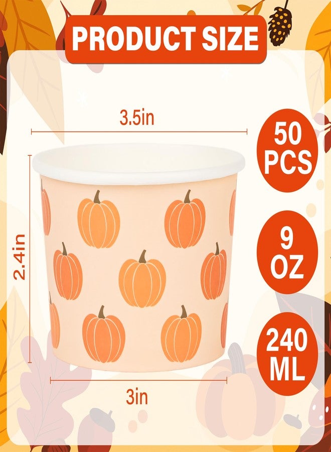 AimFun 50 Pcs Fall Treat Snack Cups Pumpkins Ice Cream Cups 9oz Thanksgiving Autumn Disposable Paper Dessert Bowls for Sundae Frozen Hot Cold Soup Birthday Baby Shower Party Supplies - Image 2